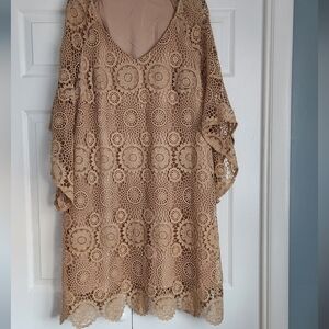 SHEIN Tan Lace Overlay Dress